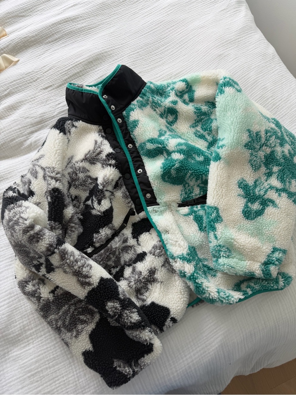 Free People Two-Tone Floral Teddy Jacket in Black, White & Teal